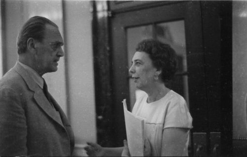 Composer Alec Wilder and harpist Eileen Malone in conversation in the Eastman School’s Main Hall (today Lowry Hall) during the AHS 6th national conference, June, 1969.