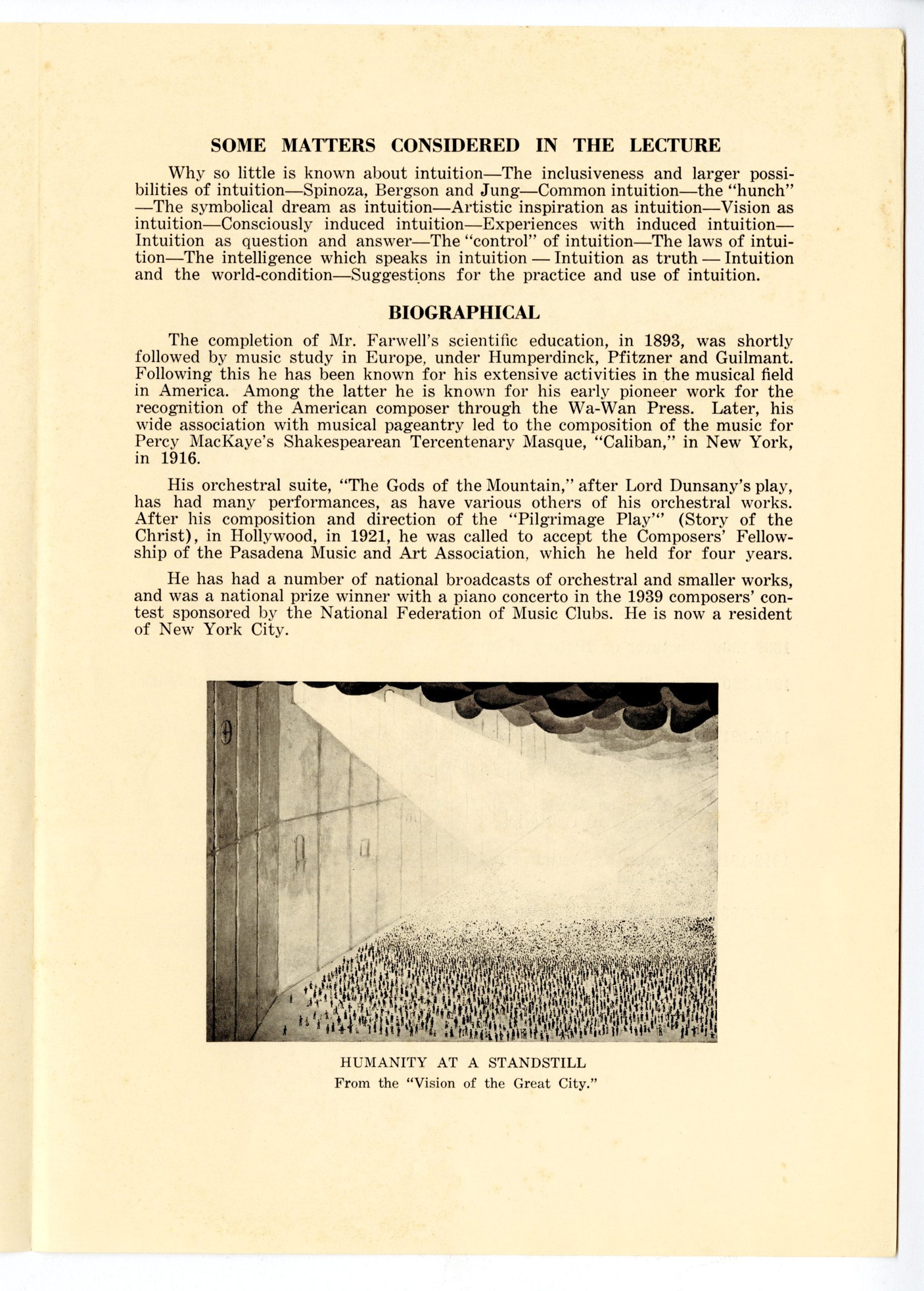 Summary of topics and biography of Farwell, from page 3 of program.