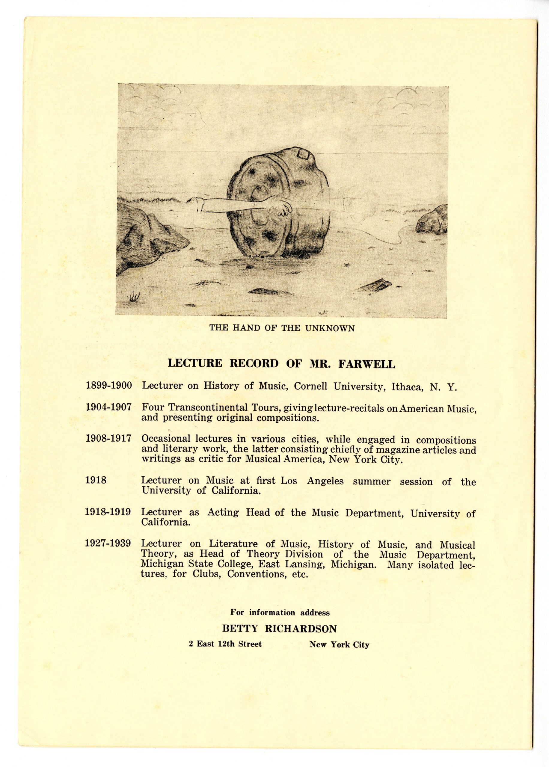 Summary of Farwell’s lecture experience, from page 4 of program.