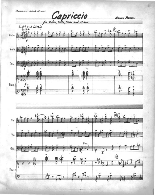 Page one of the full score of Warren Benson’s Capriccio (1971).