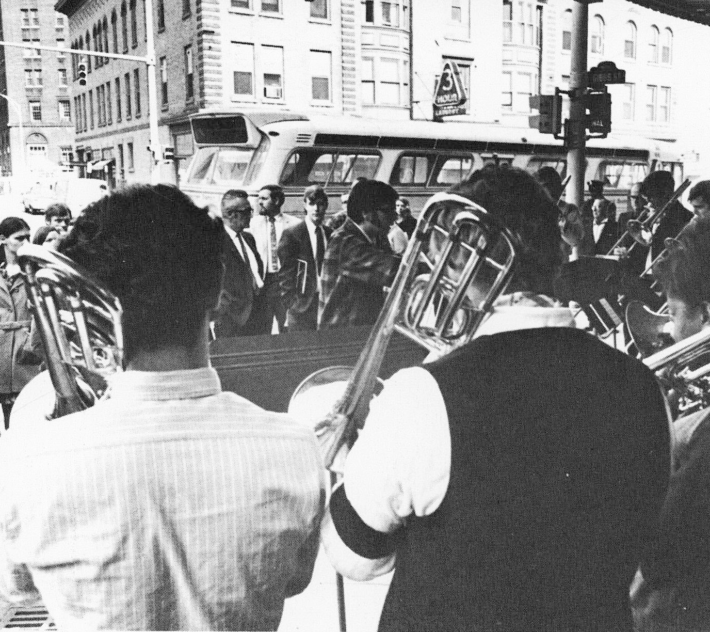 French horn players in the volunteer student orchestra