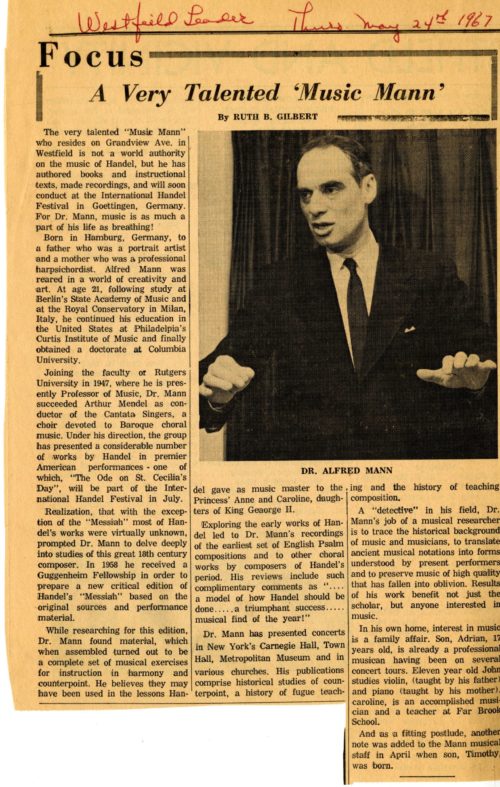 Besides his credentials as a music historian, Alfred Mann was an accomplished choral conductor in his own right. Alfred Mann Collection.