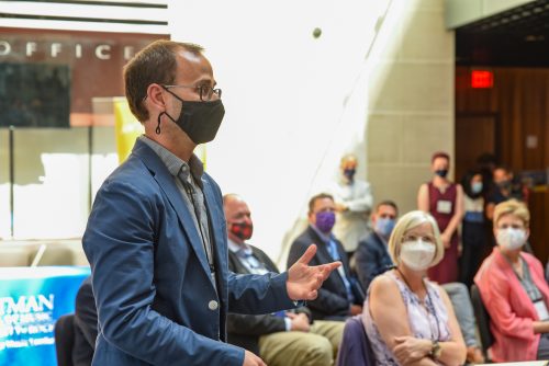Steven DiBlasi, 2021 participant, speaking during Eastman Leadership Conference welcome event in Wolk Atrium. Photograph by Michelle Martorell.