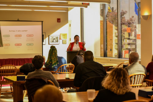 Eastman alum Tanya Chanphanitpornkit ’15E leads “Finding Your Voice in Music Education” in Sibley Music Library for the 2023 Context Conference. Photo by Kerry Lubman.