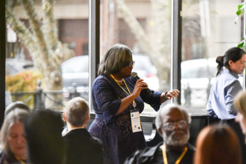 Dr. Crystal Sellers Battle, host and keynote speaker for Context Conference 2023, speaks to attendees at a luncheon in Sproull Atrium. Photo by Lauren Sageer.