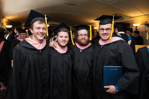 "l-r: Brendan Lanighan, Emiliano Lasansky, Evan Burrus and Andrew Psarris. // University of Rochester Eastman School of Music Commencement Ceremony, Kodak Hall at Eastman Theatre May 17, 2015.  // photo by J. Adam Fenster /"