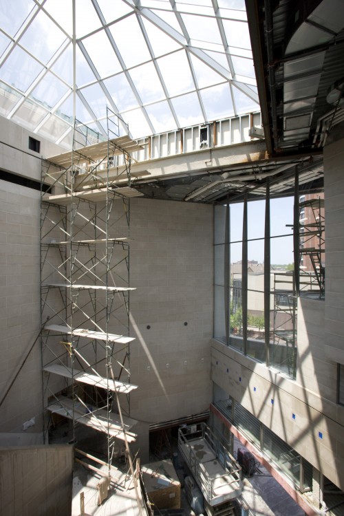 Looking across Wolk Atrium to the Eastman Student Living Center tower