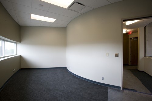 A mezzanine level view of Wolk Atrium from Kodak Hall