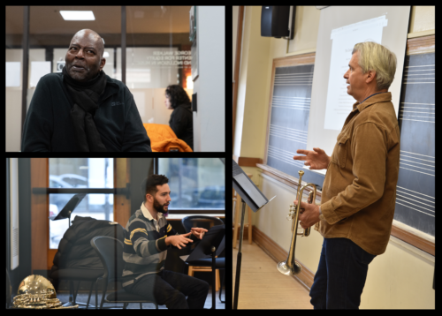 Top Left: Guest tuba player Jon Sass at a George Walker Center lunch in March 2024. Photo by Lauren Sageer. Bottom Left: Horn player Nathanial Silberschlag, a spring 2024 guest artist, gave lessons to ECMS students on Tuesday, February 13. Photo by Kerry Lubman. Right: Guest trumpet player Bill Williams gave a class on managing performance anxiety during the spring 2024 semester on Tuesday and Friday, March 5 and 8. Photo by Kerry Lubman.