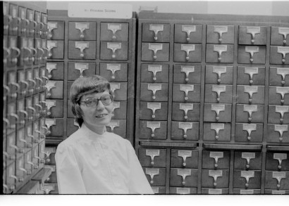 Mary Wallace Davidson at card catalog
