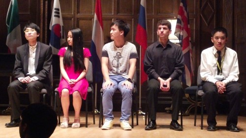 Finalists in this year's competition are, from left, from left, Tommy Jing Yu Leo, 15, from London, England, the United Kingdom; Evelyn Mo, 16, of Oak Hill, Virginia, USA; Yaowen Mei, 18, of Wuhan, China; Misha Galant, 17, of San Ramon, California, USA; and Brian Le, 17, Silver Spring, Maryland, USA.