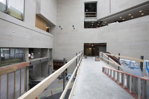 A mezzanine level view of Wolk Atrium from Kodak Hall